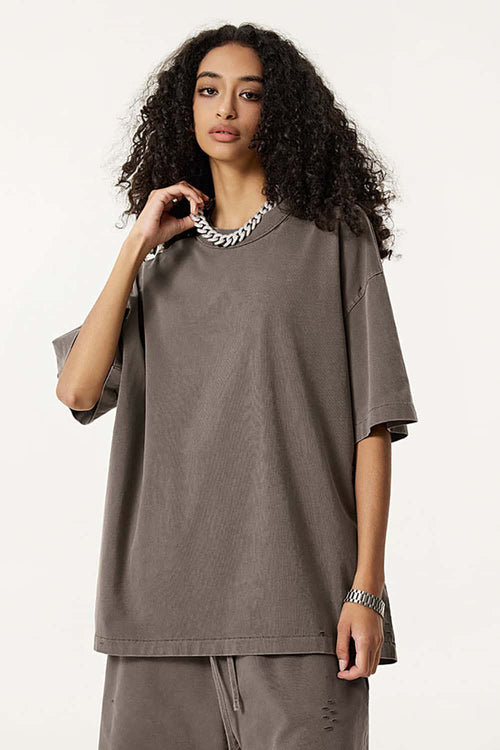 Heavyweight Distressed Washed Cotton Tee - Coffee
