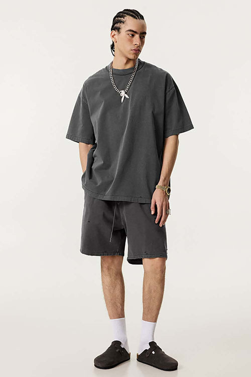 Heavyweight Distressed Washed Cotton Tee - Dark Gray