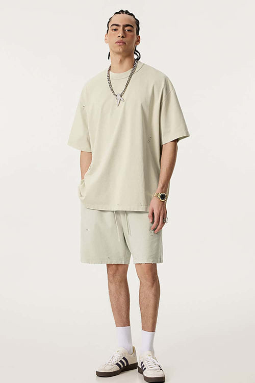 Heavyweight Distressed Washed Cotton Tee - Gray Apricot