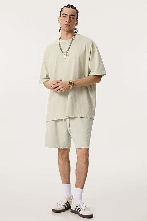 Heavyweight Distressed Washed Cotton Tee - Gray Apricot