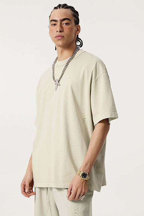 Heavyweight Distressed Washed Cotton Tee - Gray Apricot