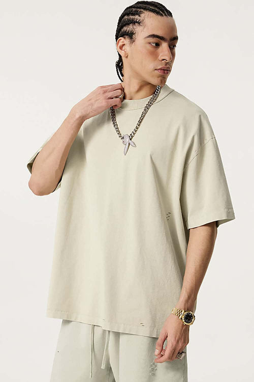 Heavyweight Distressed Washed Cotton Tee - Gray Apricot