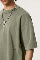 Heavyweight Distressed Washed Cotton Tee - Grayish Green