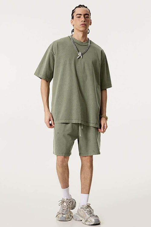 Heavyweight Distressed Washed Cotton Tee - Grayish Green