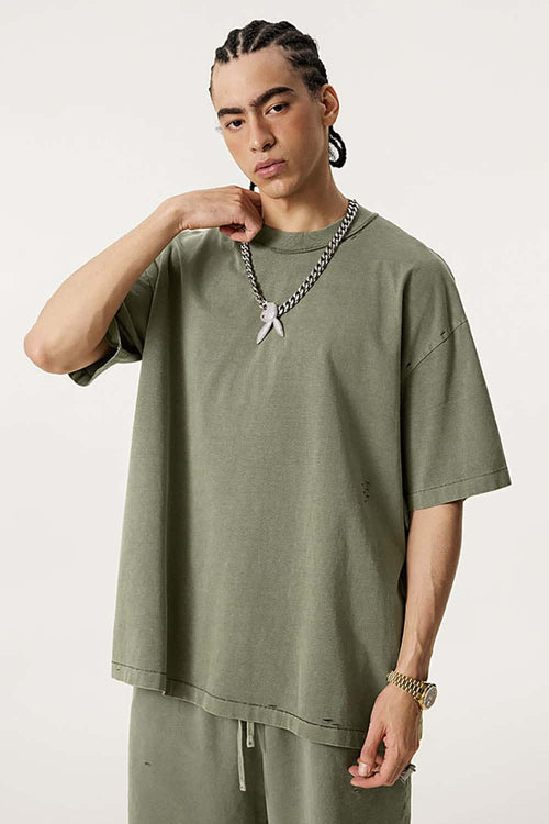 Heavyweight Distressed Washed Cotton Tee - Grayish Green