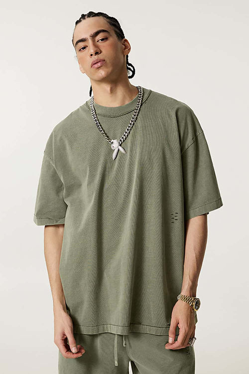 Heavyweight Distressed Washed Cotton Tee - Grayish Green