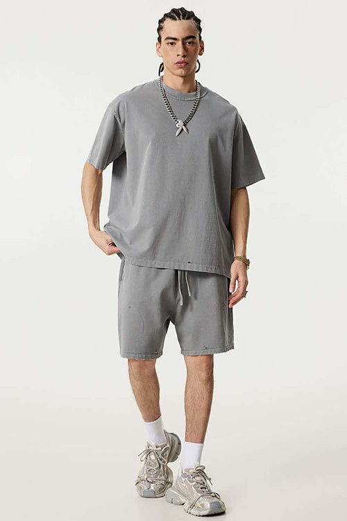 Heavyweight Distressed Washed Cotton Tee - Medium Gray