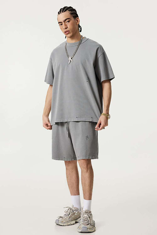 Heavyweight Distressed Washed Cotton Tee - Medium Gray