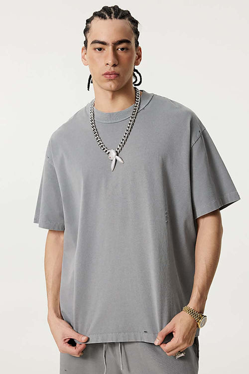 Heavyweight Distressed Washed Cotton Tee - Medium Gray