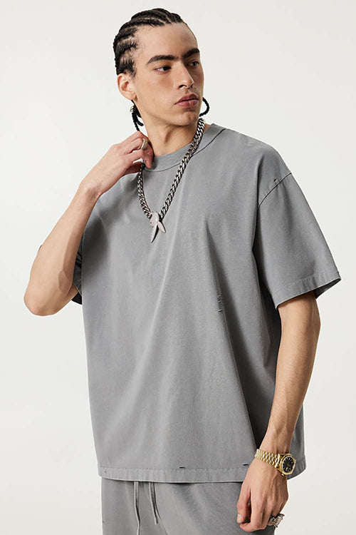 Heavyweight Distressed Washed Cotton Tee - Medium Gray
