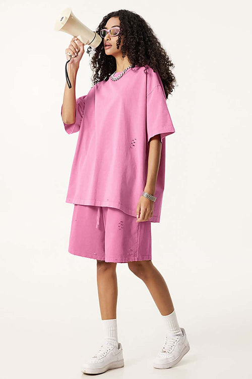 Heavyweight Distressed Washed Cotton Tee - Rose Pink