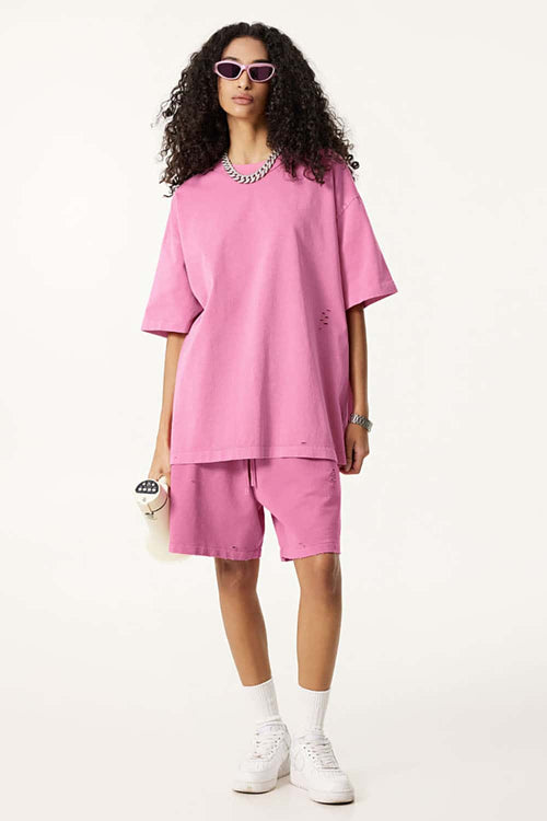 Heavyweight Distressed Washed Cotton Tee - Rose Pink