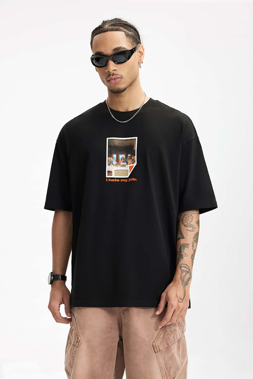 200G "I Hate My Job" Print Oversize Crew Neck T-Shirt