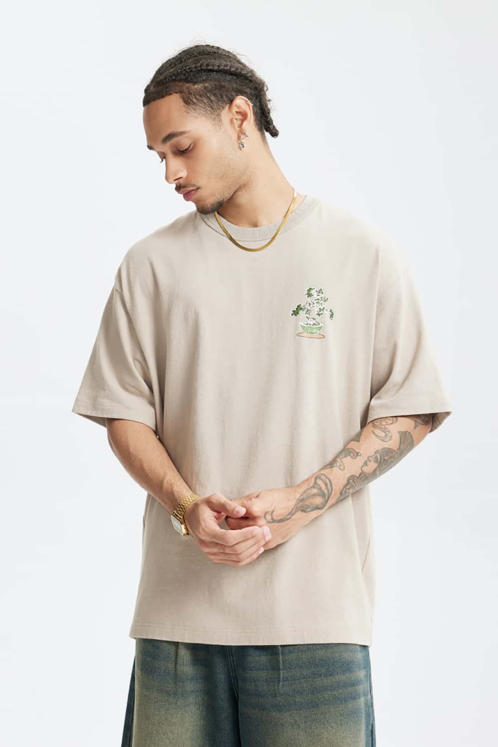 250G Vintage Plant Print Heavyweight Casual T-Shirt