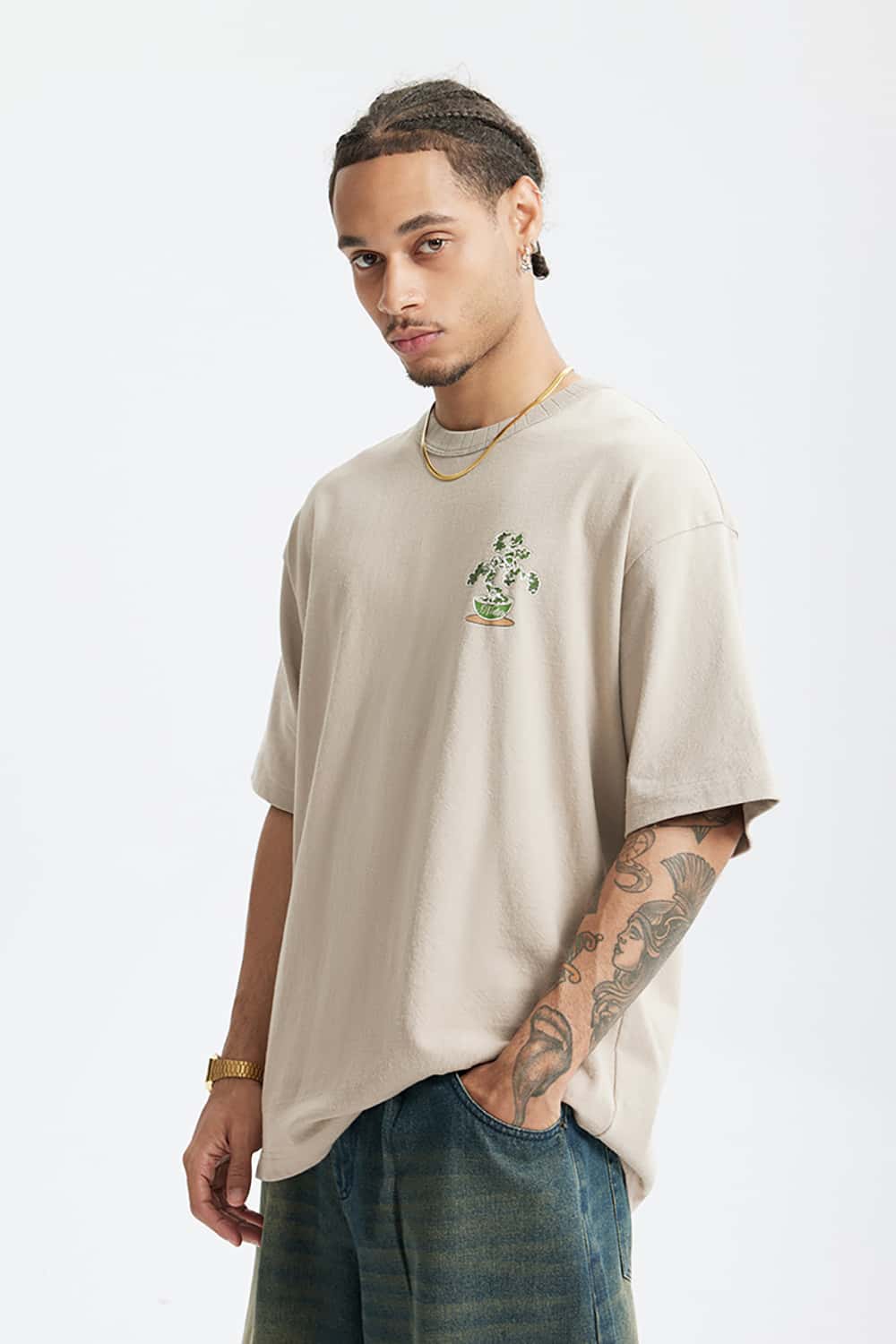 250G Vintage Plant Print Heavyweight Casual T-Shirt