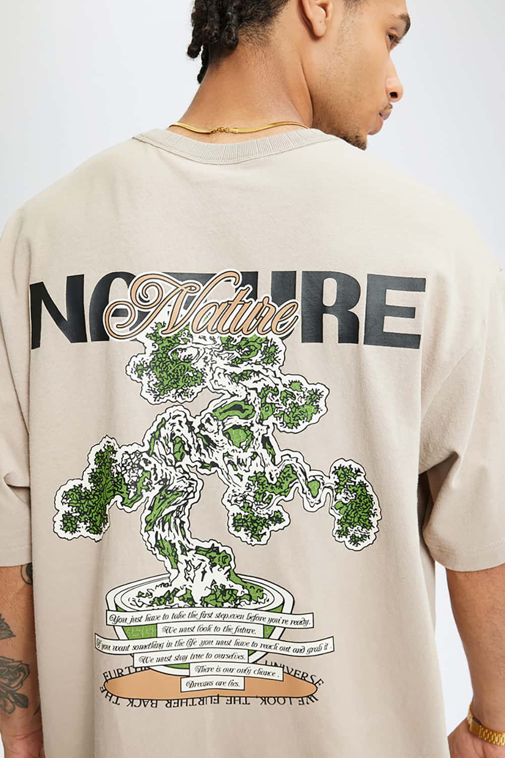 250G Vintage Plant Print Heavyweight Casual T-Shirt
