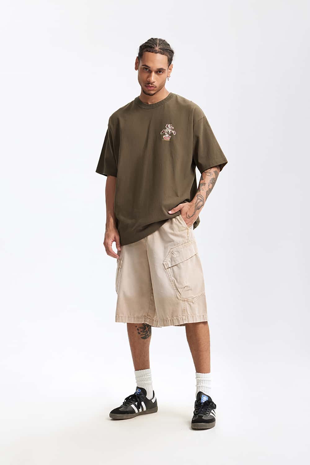 250G Vintage Plant Print Heavyweight Casual T-Shirt