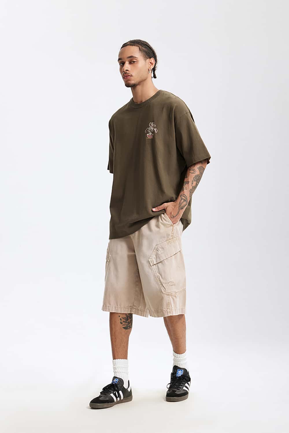250G Vintage Plant Print Heavyweight Casual T-Shirt