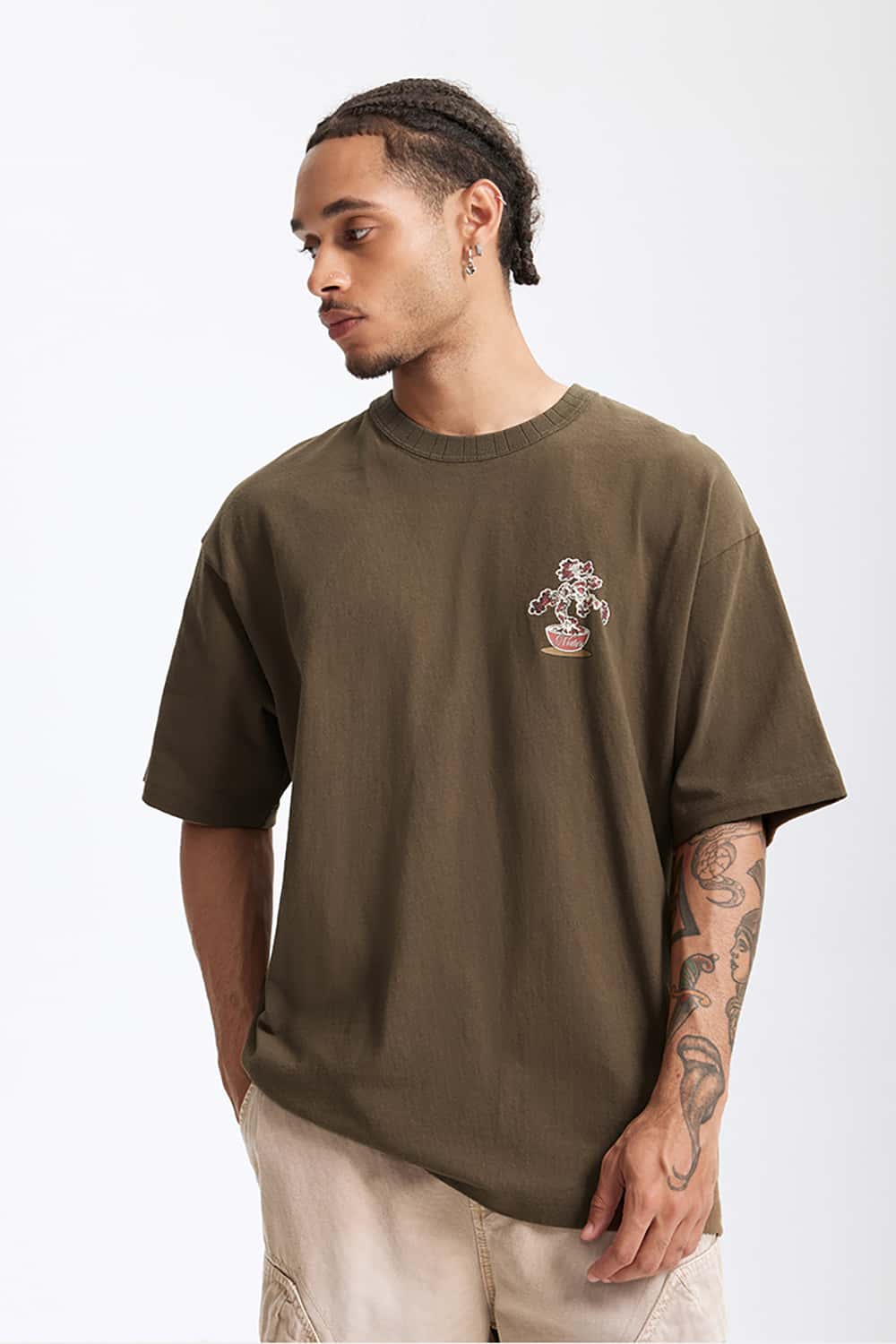 250G Vintage Plant Print Heavyweight Casual T-Shirt