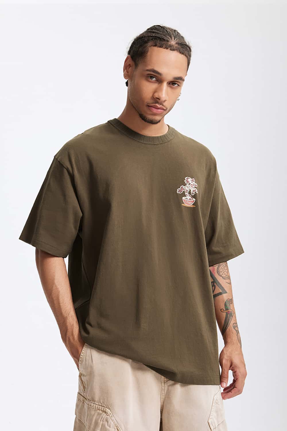 250G Vintage Plant Print Heavyweight Casual T-Shirt