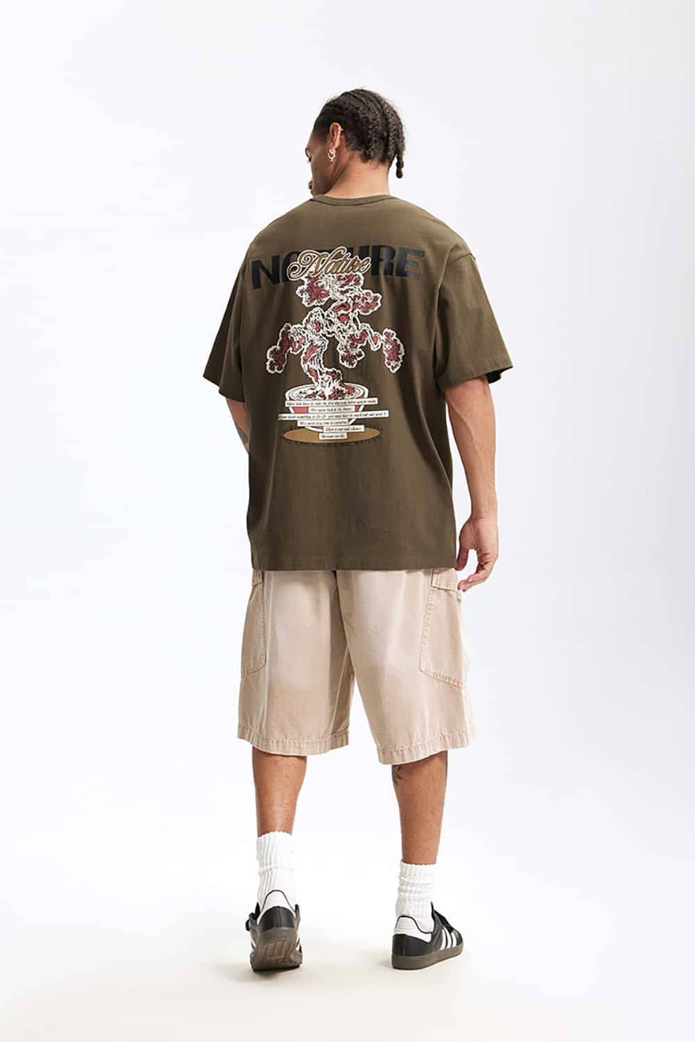 250G Vintage Plant Print Heavyweight Casual T-Shirt