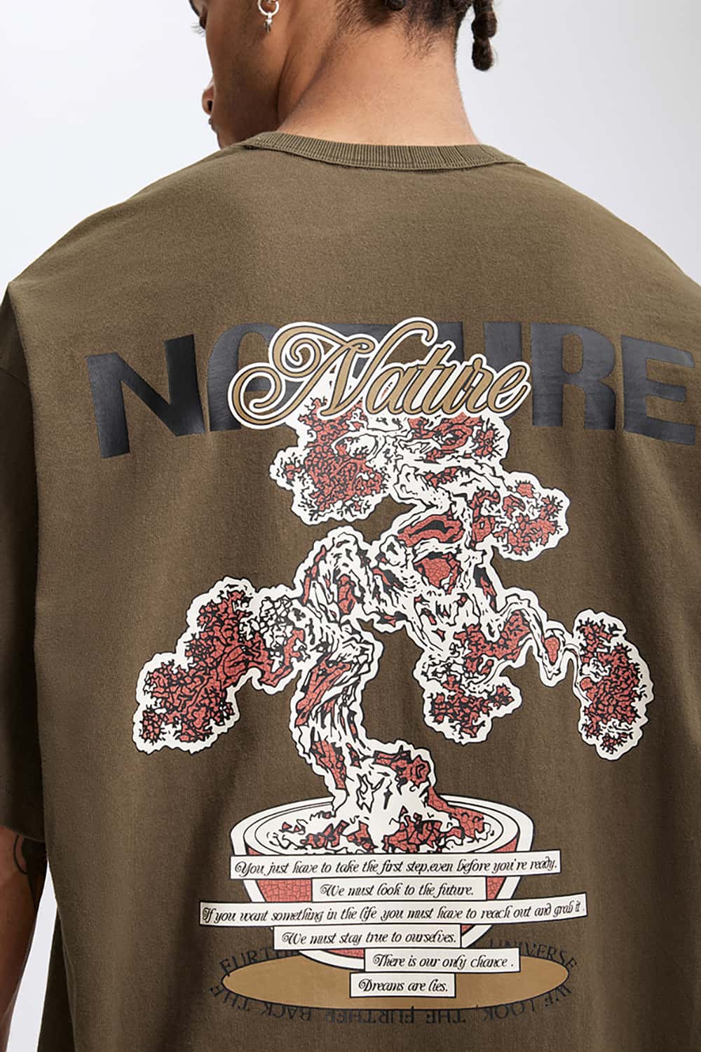 250G Vintage Plant Print Heavyweight Casual T-Shirt