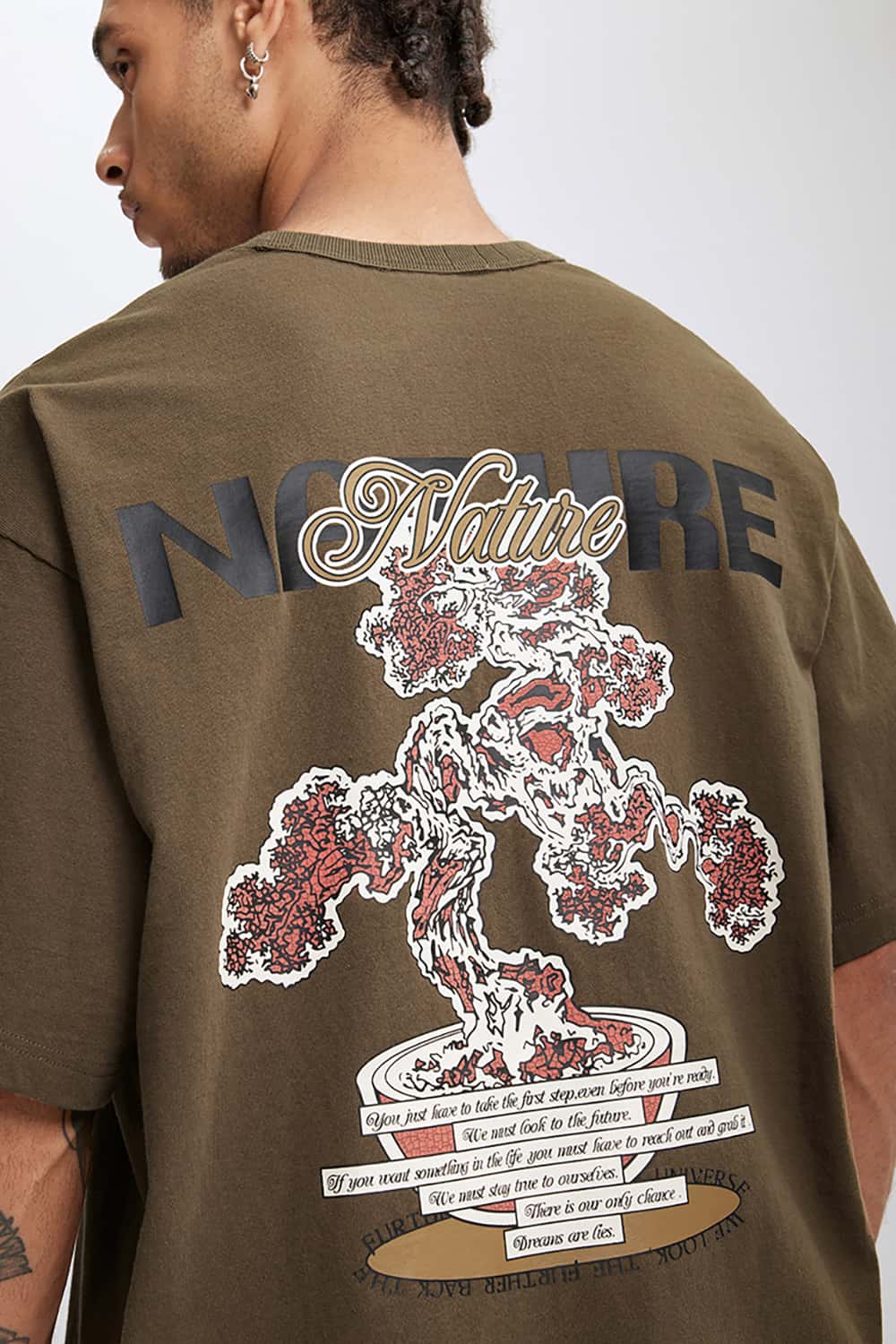 250G Vintage Plant Print Heavyweight Casual T-Shirt
