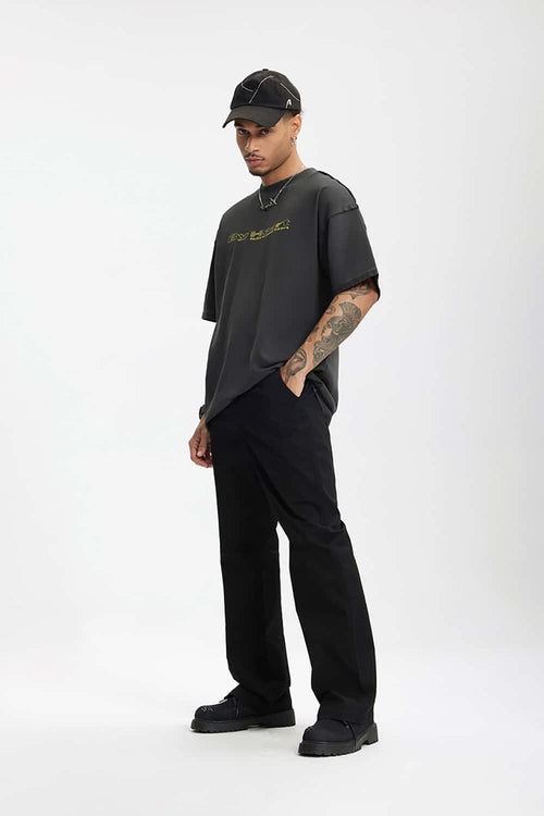 Distressed Washed Heavyweight Embroidered Tee - Iron Gray