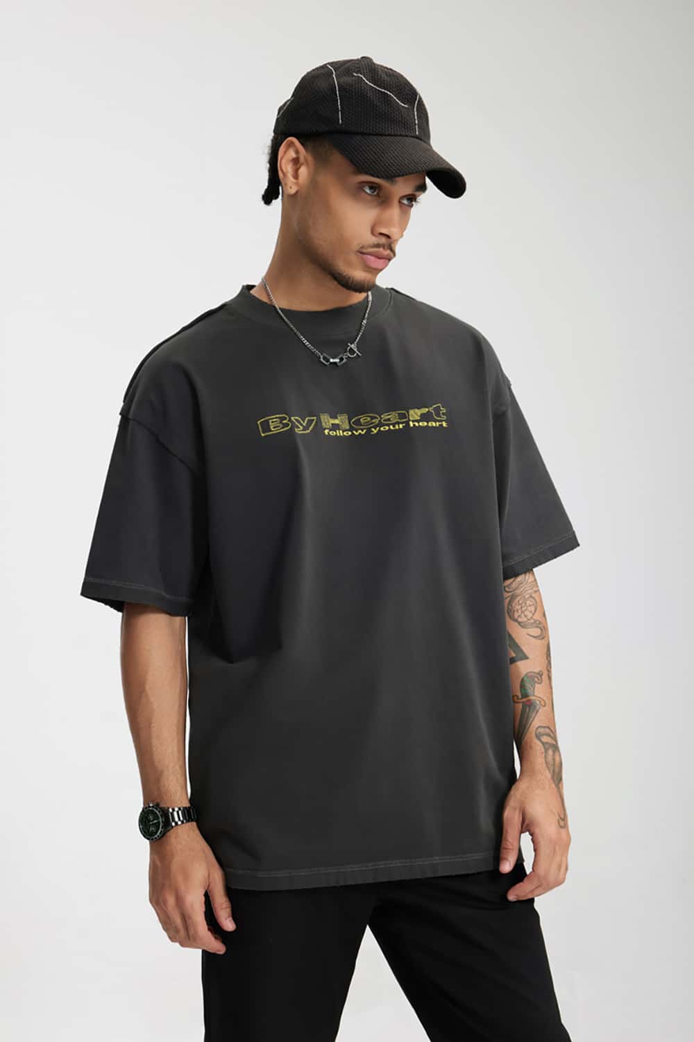 260G Distressed Wash Embroidered Vintage Heavyweight T-Shirt