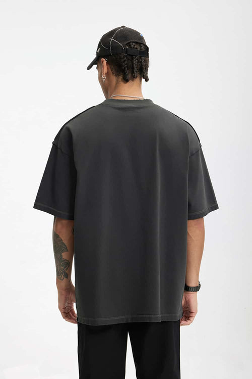 Distressed Washed Heavyweight Embroidered Tee - Iron Gray