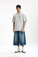 Distressed Washed Heavyweight Embroidered Tee - Oat Gray
