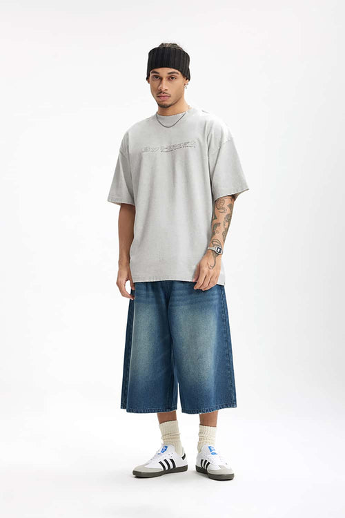 Distressed Washed Heavyweight Embroidered Tee - Oat Gray