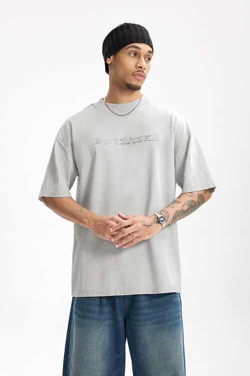 Distressed Washed Heavyweight Embroidered Tee - Oat Gray