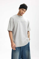 Distressed Washed Heavyweight Embroidered Tee - Oat Gray