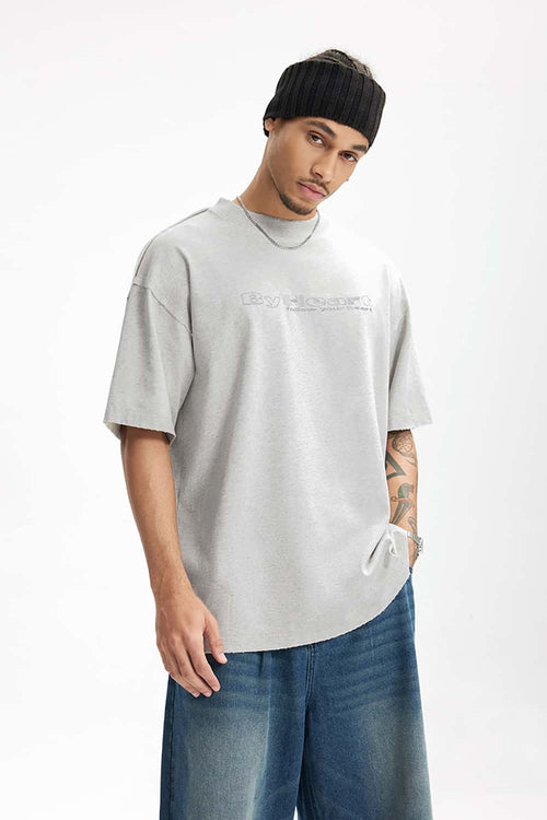 Distressed Washed Heavyweight Embroidered Tee - Oat Gray