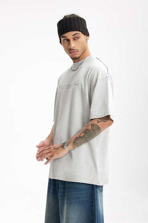 Distressed Washed Heavyweight Embroidered Tee - Oat Gray