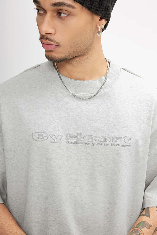 Distressed Washed Heavyweight Embroidered Tee - Oat Gray
