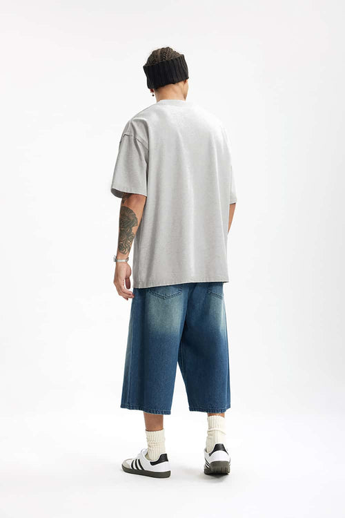 Distressed Washed Heavyweight Embroidered Tee - Oat Gray