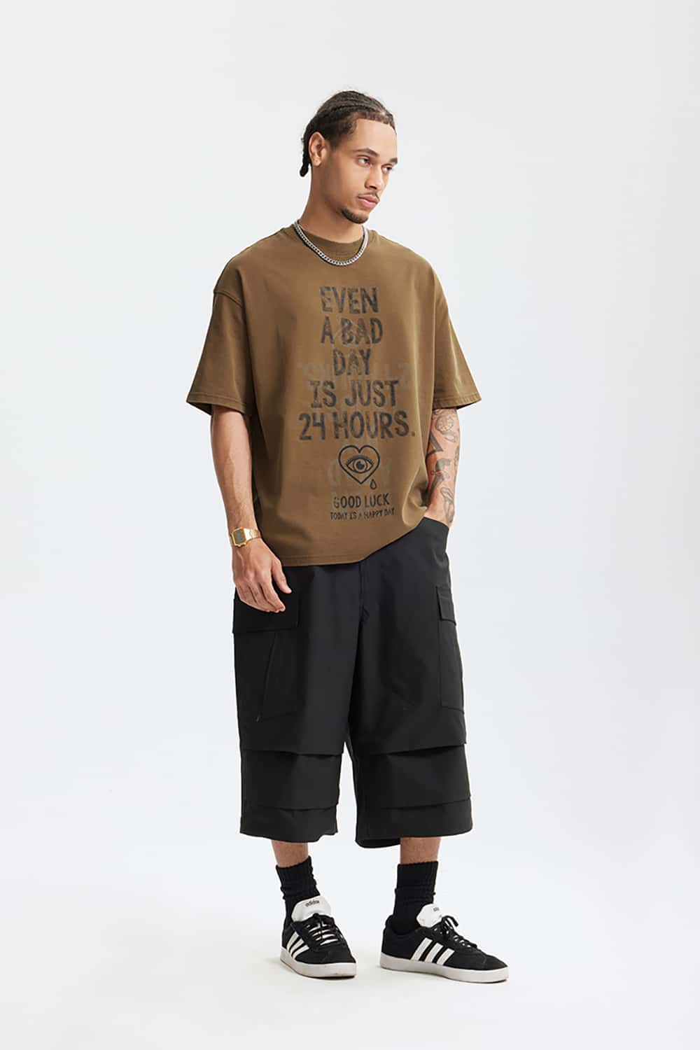 265G Letter Print Heavyweight Loose Crew Neck T-Shirt