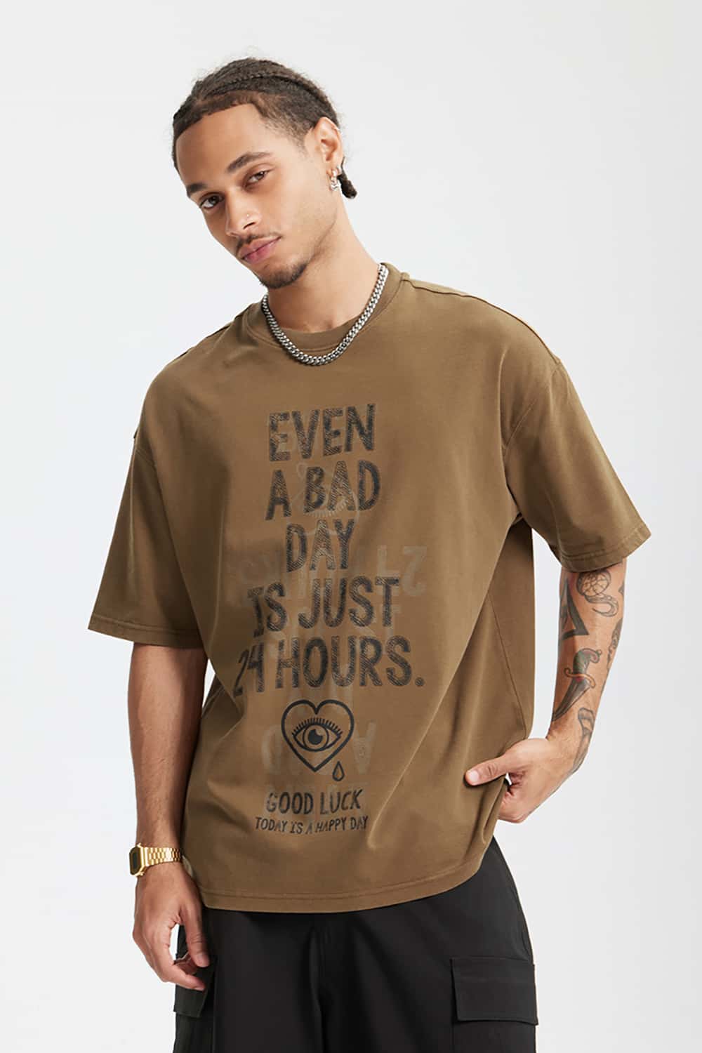 265G Letter Print Heavyweight Loose Crew Neck T-Shirt