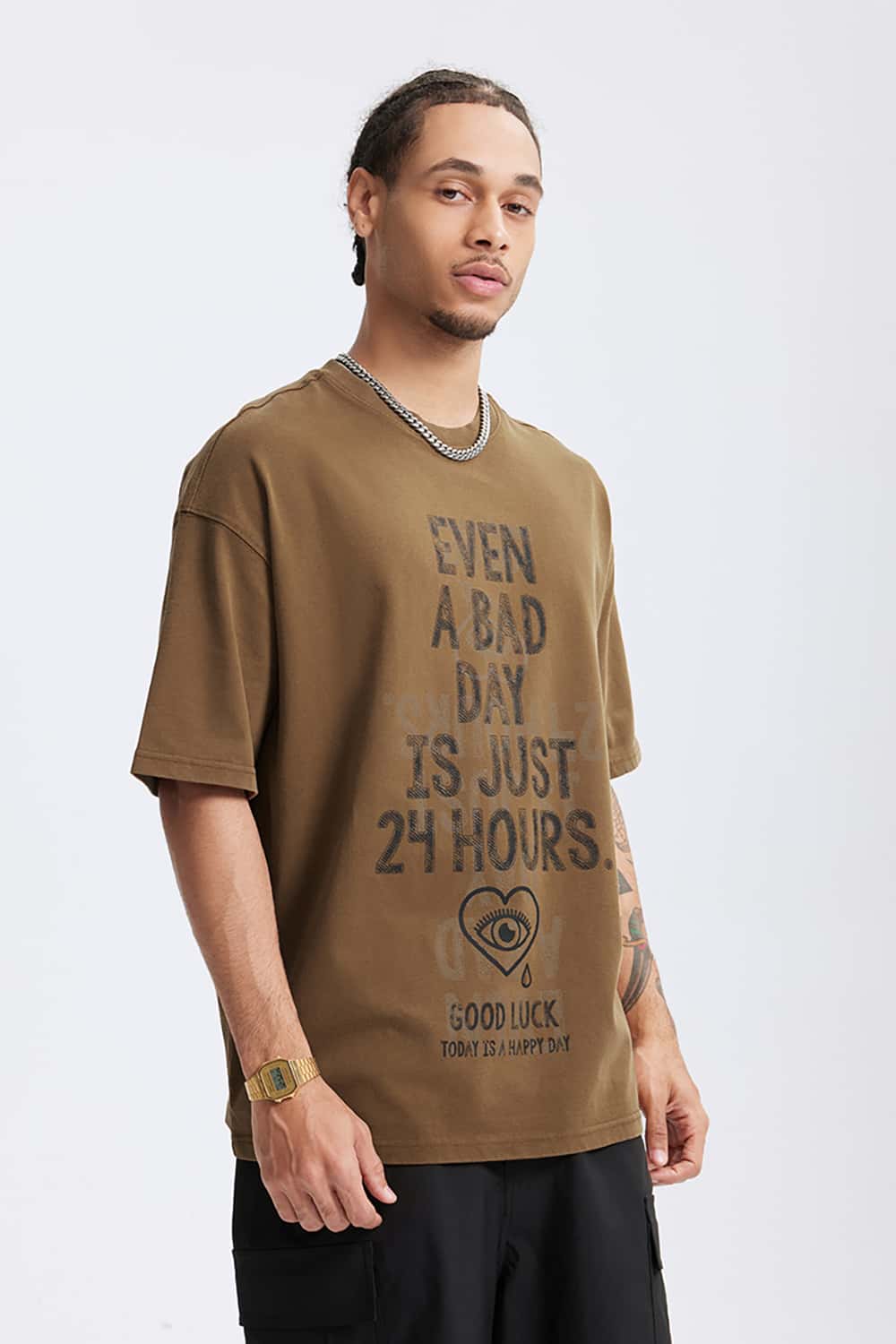 265G Letter Print Heavyweight Loose Crew Neck T-Shirt