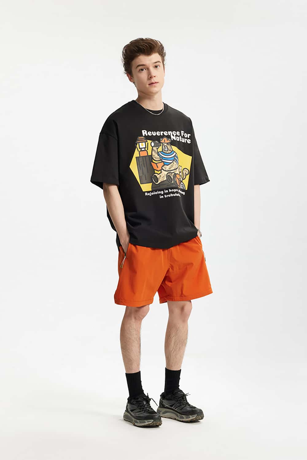 265G Heavyweight Camping Bear Print Loose Casual T-Shirt