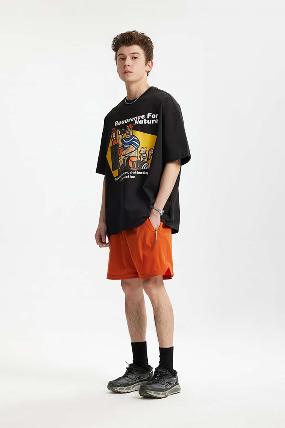 265G Heavyweight Camping Bear Print Loose Casual T-Shirt