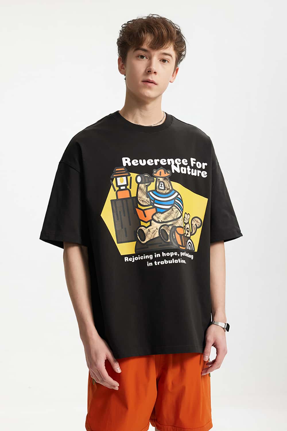265G Heavyweight Camping Bear Print Loose Casual T-Shirt