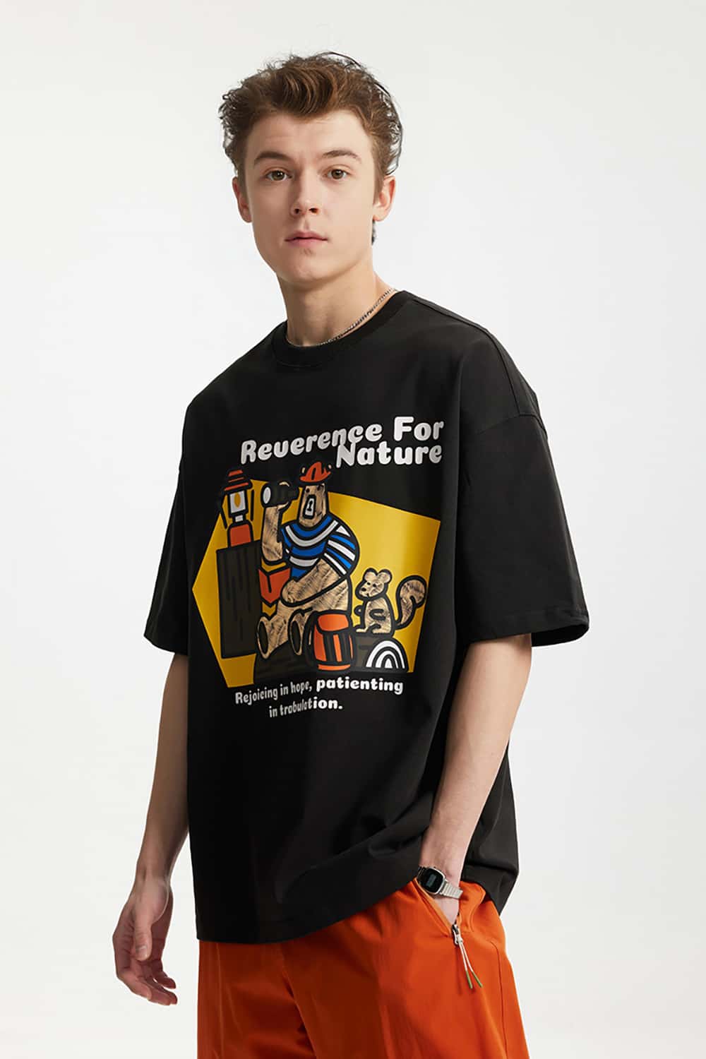 265G Heavyweight Camping Bear Print Loose Casual T-Shirt