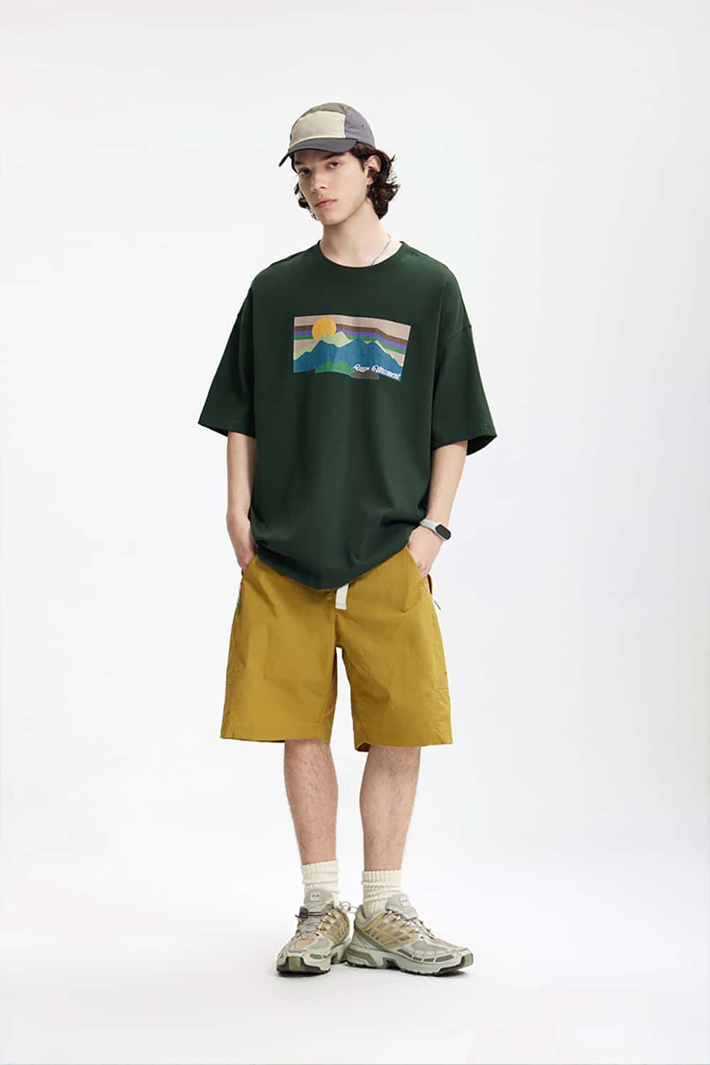 265G Heavyweight Cracked Sunset Print Loose Short Sleeve T-Shirt