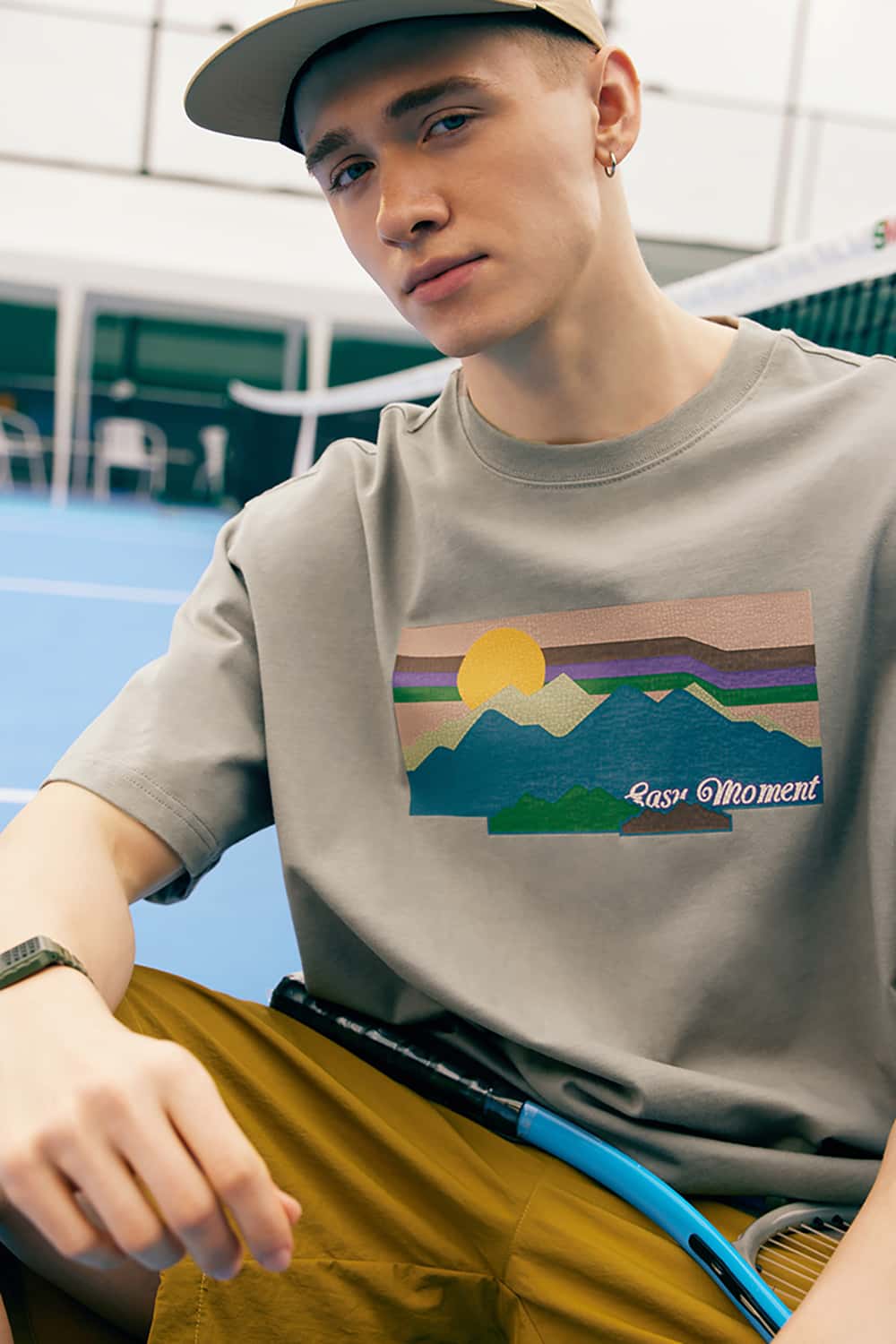 265G Heavyweight Cracked Sunset Print Loose Short Sleeve T-Shirt