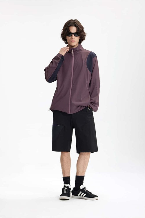Panelled Windproof Stand-Collar Cycling Jacket in Vintage Purple - full-length front modeled view