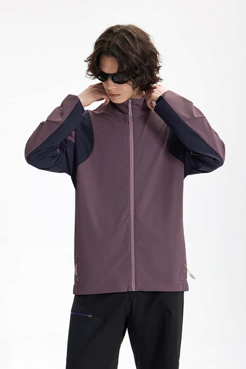 Panelled Windproof Stand-Collar Cycling Jacket in Vintage Purple - front modeled view