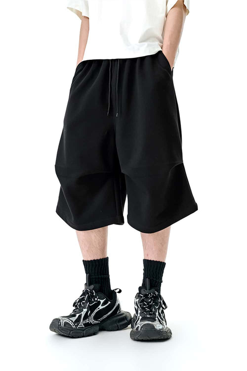 Wide-Leg Cropped Sweat Shorts - Black